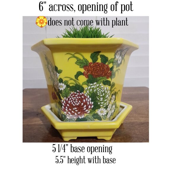 Vintage Yellow Floral Japanese Flower Pot w/Drip Tray 5.5"H - Picture 9 of 9
